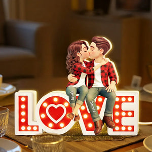 Red Marquee Love Pattern Kissing Couple - Personalized Acrylic Light Box - Anniversary Gift, Valentine's Day Gift For Couple