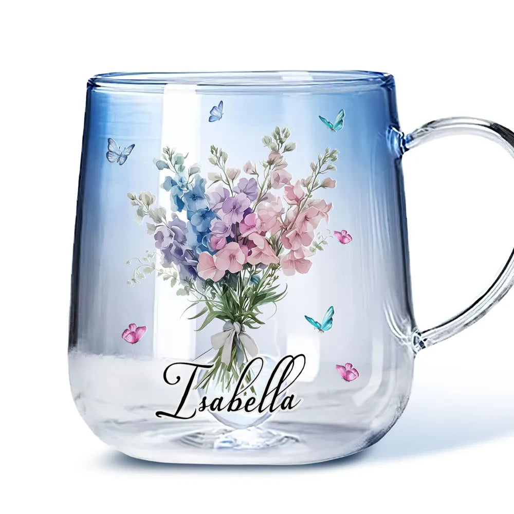Birth Month Flower Bouquet With Name - Personalized Gradient Glass Mug - Birthday Gift For Her