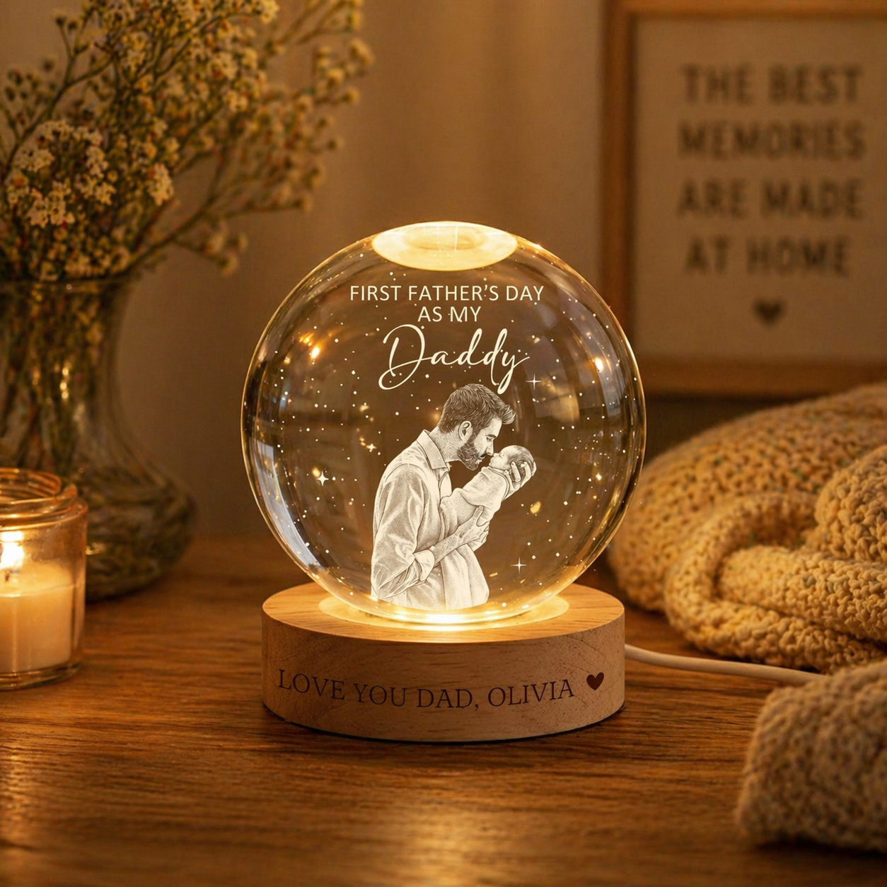 First Father's Day Ball Night Light, Personalized Dad Night Light, Custom Daddy Gift, New Dad Keepsake, LED Crystal Ball Gift For Dad