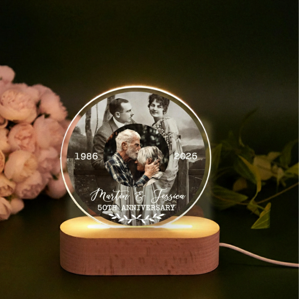 50th Anniversary Photo Night Light, Golden/Silver Keepsake Gift, Anniversary Gift For Couple