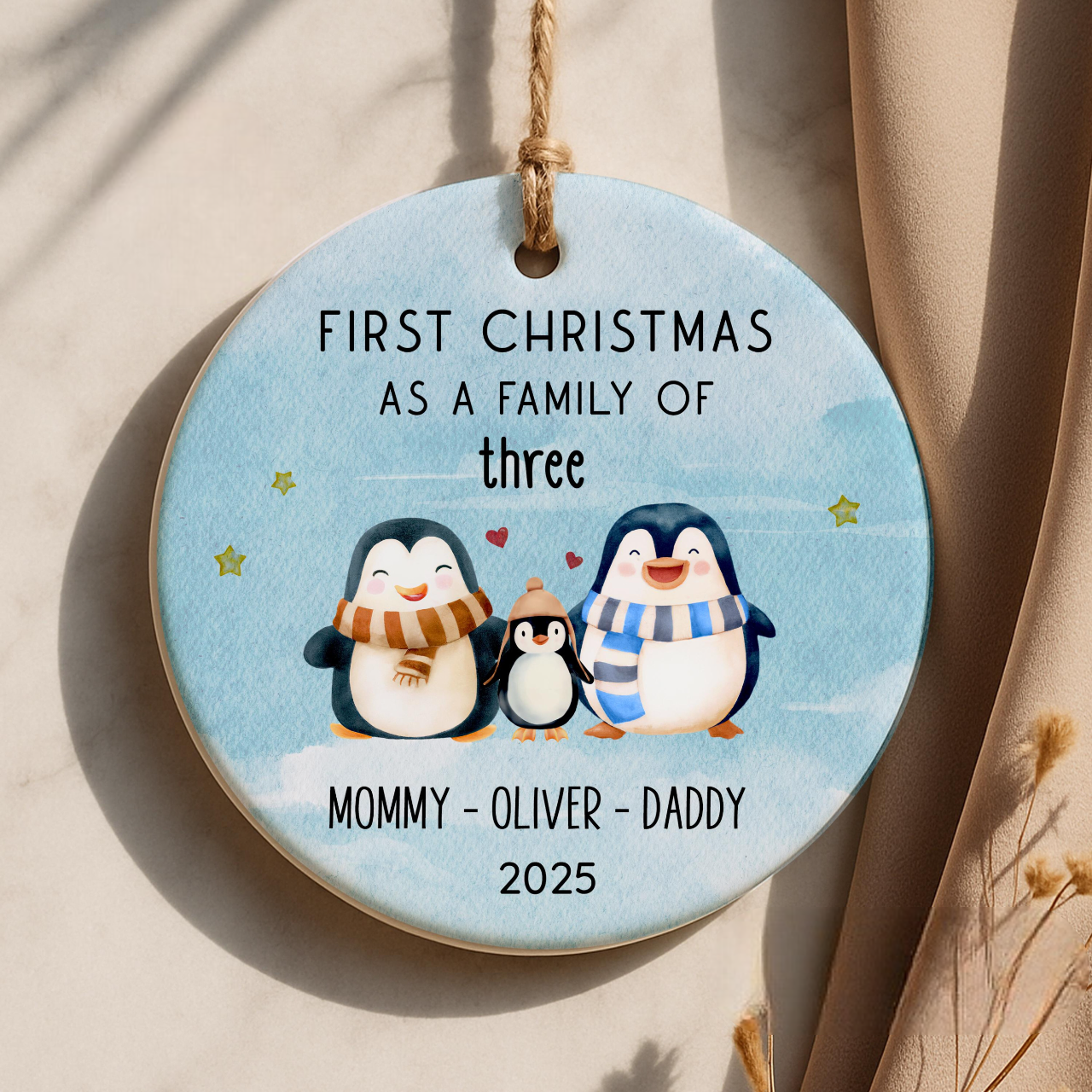 Family of Three Christmas Ornament, Personalized Family Keepsake, New Baby 2025, Christmas Gift For New Mom Dad