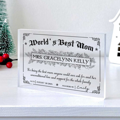 World's Best Mom Award Certificate - Personalized Acrylic Plaque - Gift For Mom, Mother's Day Gift, Birthday Gift