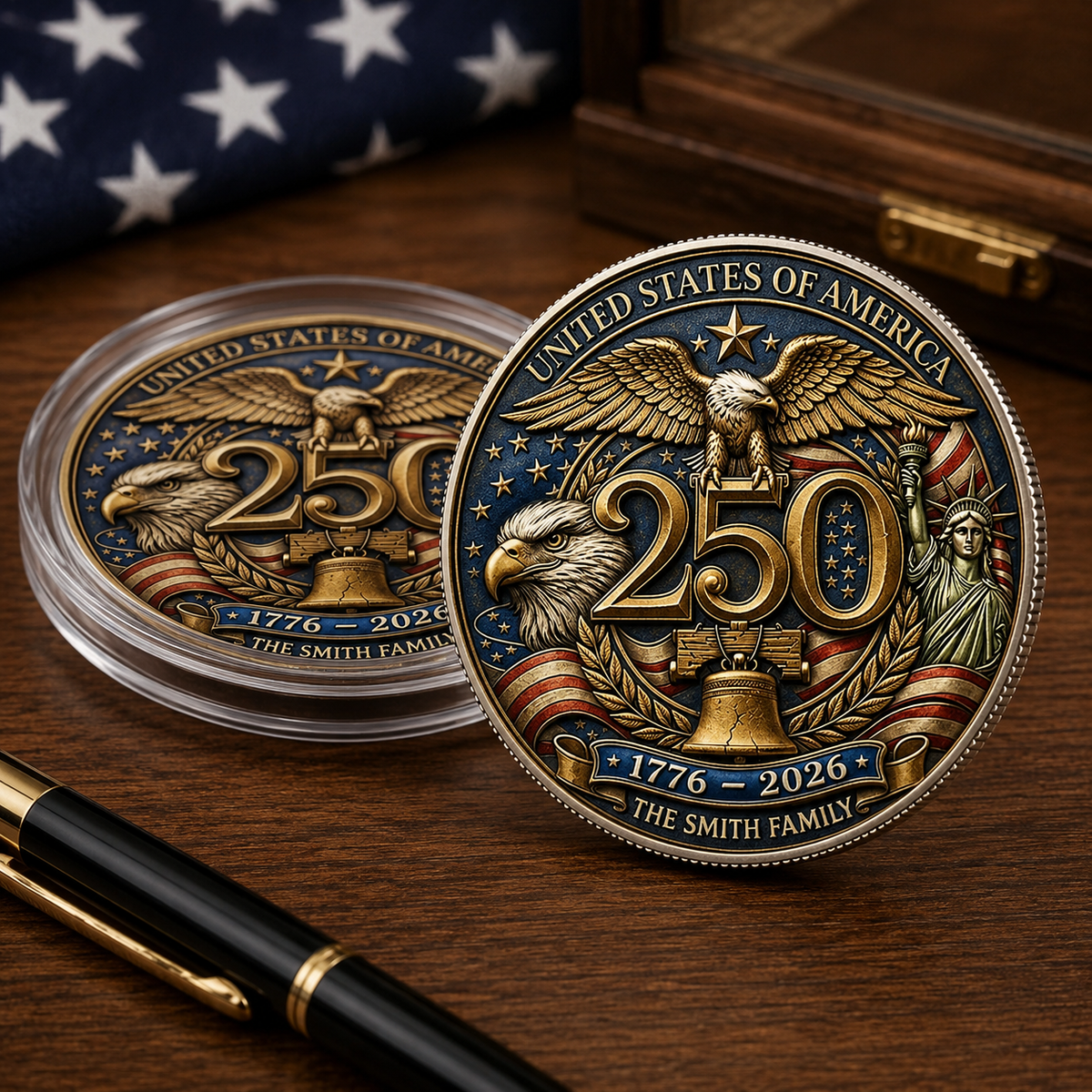 Patriotic 4th of July Family Keepsake Metal Coin Personalized American Heritage Challenge Coin Gift for Family Reunion, Independence Day & Memorial Celebration