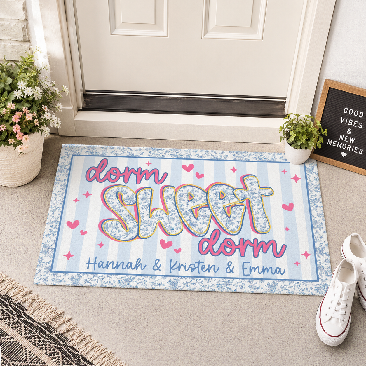 Custom Name Blue Chinoiserie Dorm Doormat, Dorm Sweet Dorm, Roommate Name Doormat, College Apartment Decor, Housewarming Gift, Student Gift