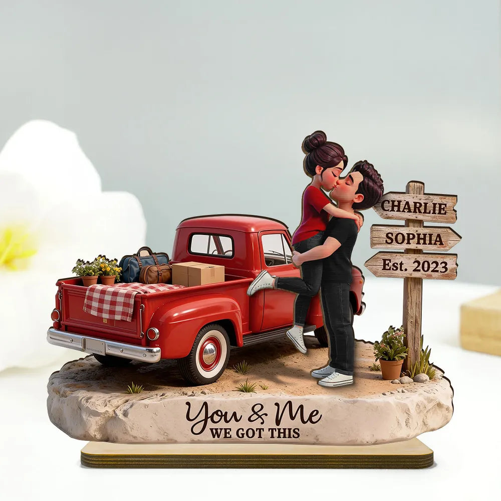 Romantic Couple Pickup Truck Farmhouse Sign Post - Personalized Wooden Plaque With Flat Base - Valentine's Day Gift For Couple, Anniversary Gift