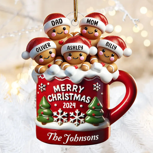 Gingerbread Family In Hot Cocoa Christmas Decor - Personalized Acrylic Ornament - Christmas Gift For Family