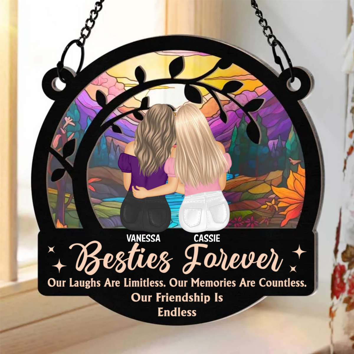 Besties Limitless Laugh Countless Memories Endless Friendship - Personalized Suncatcher Ornament - Gift For Besties, Sisters, BFF, Window Hanging Decoration