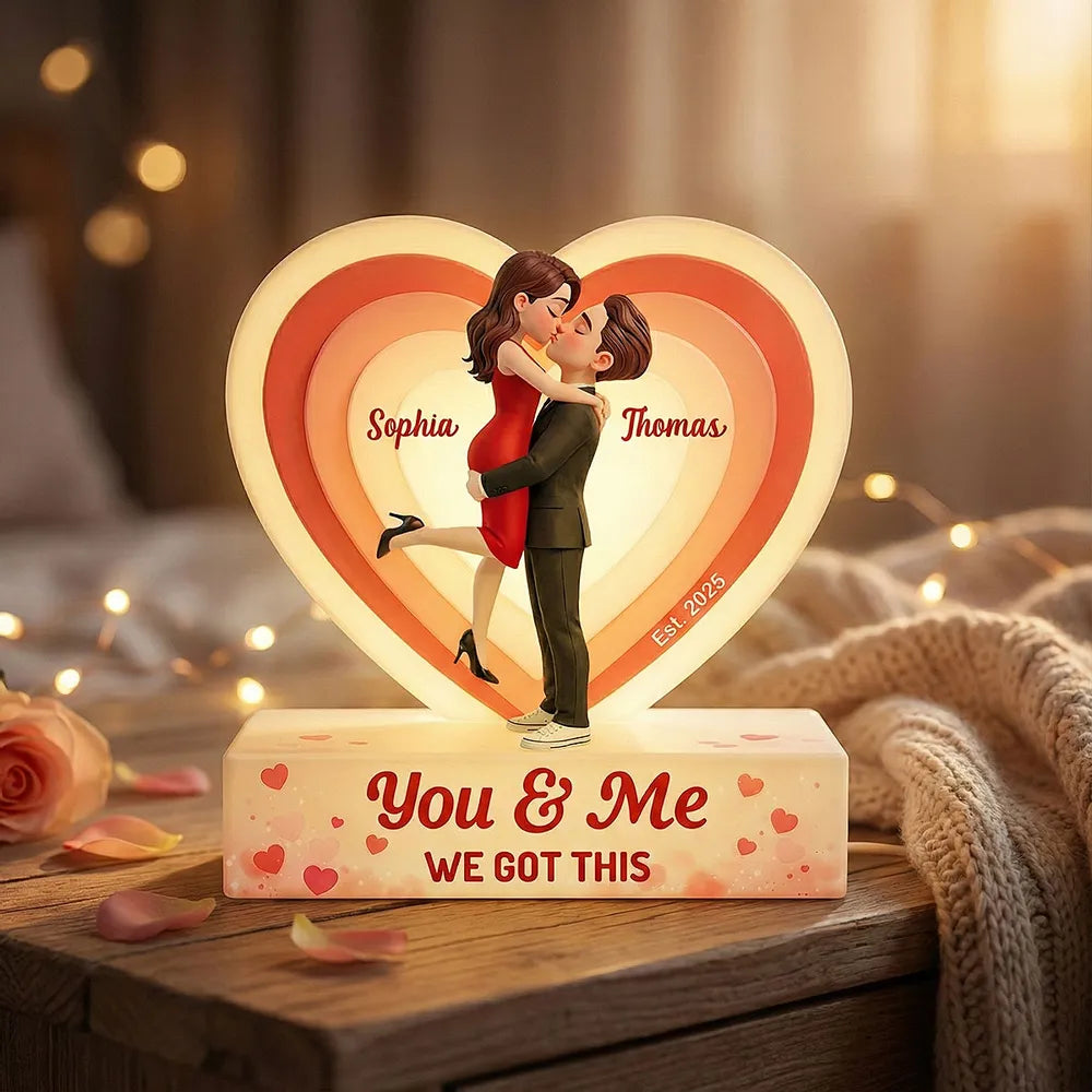 3D Kissing Couple Pink Heart - Personalized Acrylic Light Box - Heartfelt Valentine's Day Gift, Anniversary Gift For Couple