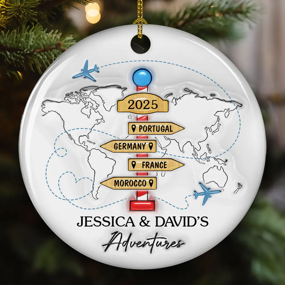 Travel Couple Goal, Personalized Custom 3D Inflated Effect Ceramic Ornament, Christmas Gift For Couple