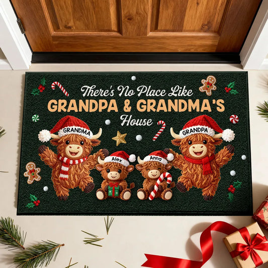 3D Faux Crochet Effect Christmas Grandma Grandkids Highland Cow Together - Personalized Doormat - Christmas Gift For Grandpa & Grandpa