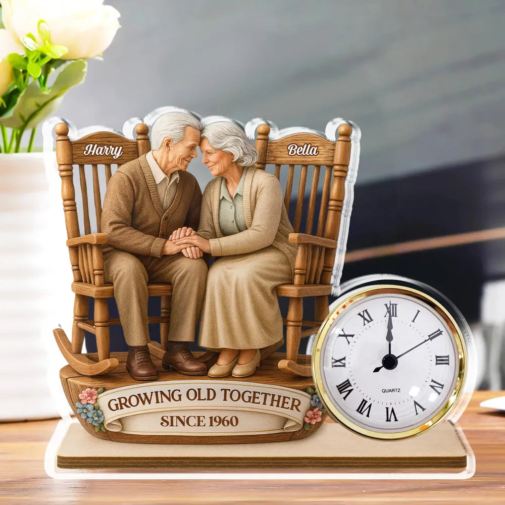 Growing Old Together Old Couple - Personalized Acrylic Desk Clock - Anniversary Gift For Couple