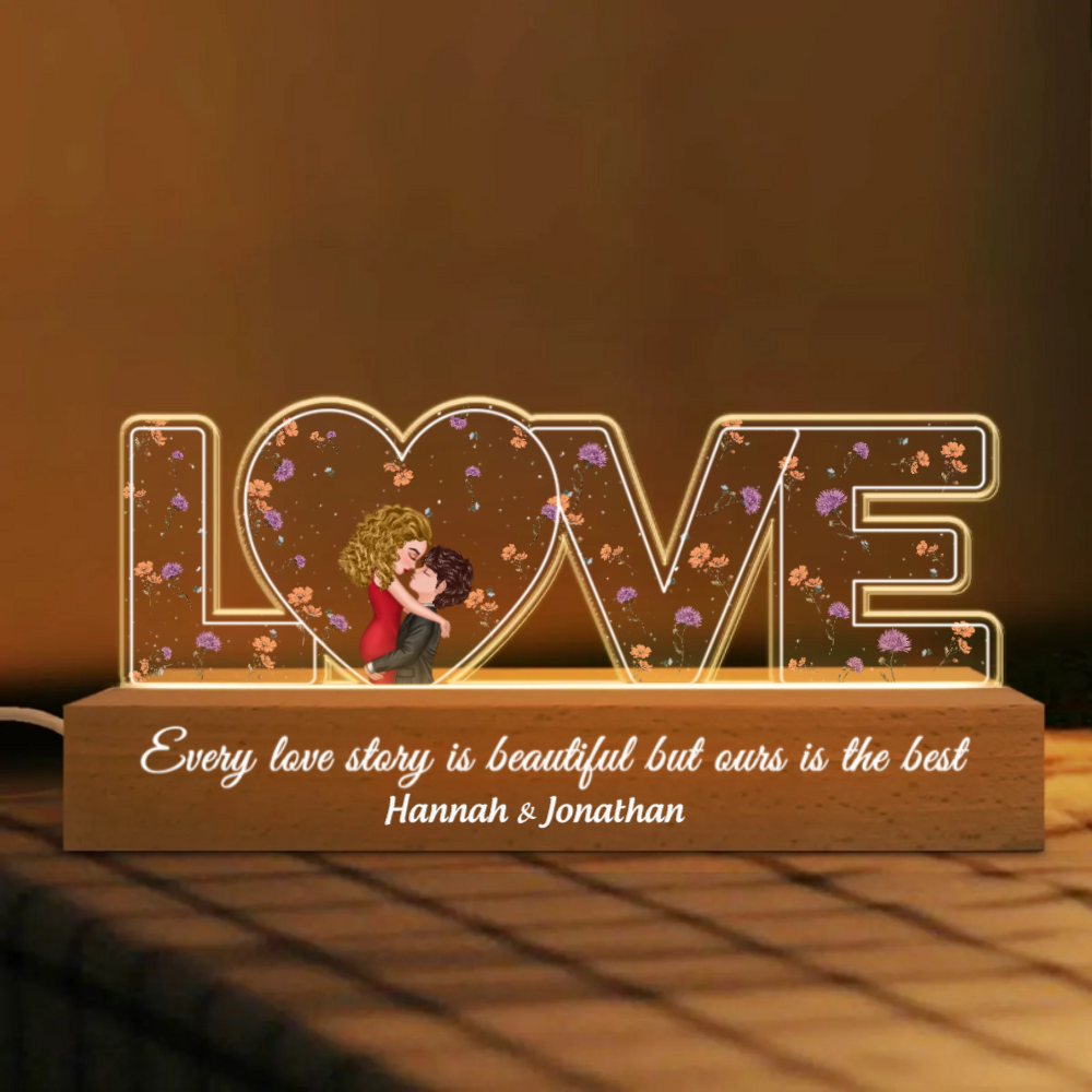 Love Custom Birth Month Flower Romantic Couple - Personalized 3D LED Light Wooden Base - Valentine's Day Gift, Anniversary Gift For Couple