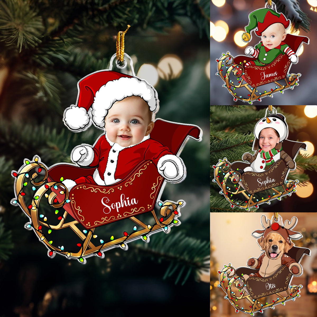 Custom Face Adorable Baby With Santa Sleigh - Personalized Acrylic Shaped Ornament - Gift For Baby, Christmas Gift