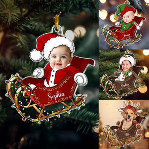 Custom Face Adorable Baby With Santa Sleigh - Personalized Acrylic Shaped Ornament - Gift For Baby, Christmas Gift