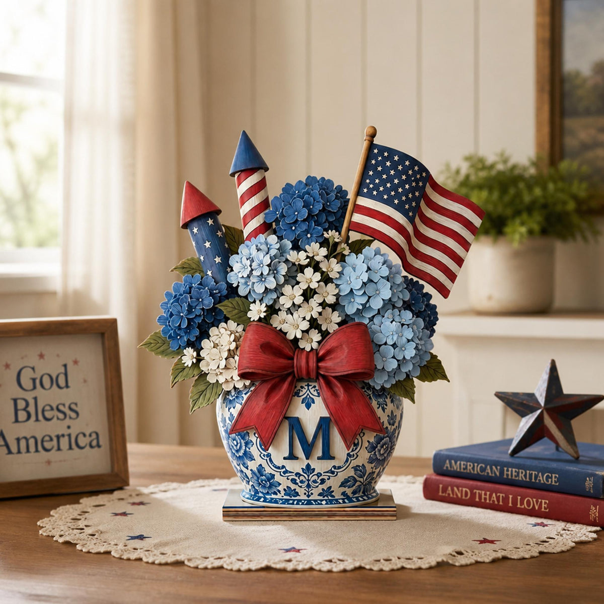 Personalized Patriotic Blue Hydrangea Vase Decor, Custom Monogram Chinoiserie Floral Arrangement, 4th of July Independence Day Gift