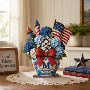 Personalized Patriotic Blue Hydrangea Vase Decor, Custom Monogram Chinoiserie Floral Arrangement, 4th of July Independence Day Gift