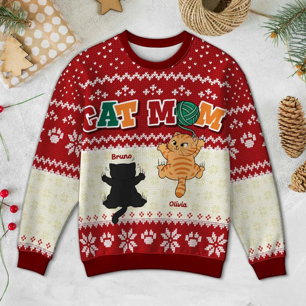 Funny Cat Climbing - Personalized Ugly Sweater - Christmas Gift For Cat Mom, Cat Dad