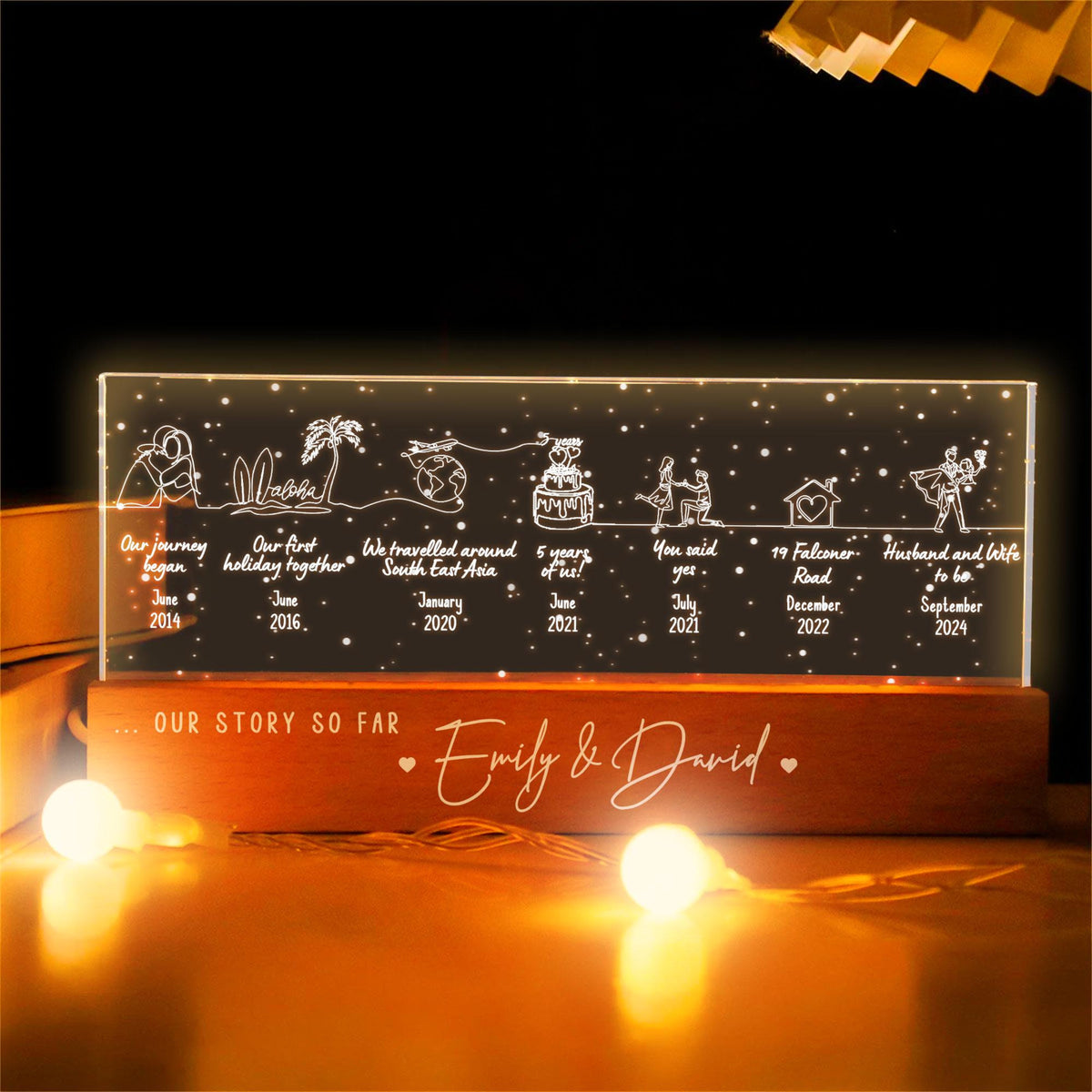 Our Story So Far Couple Night Light With Wooden Base, Personalised Timeline, Relationship 3D Lamp, Valentine Gift, Wedding Anniversary Gift