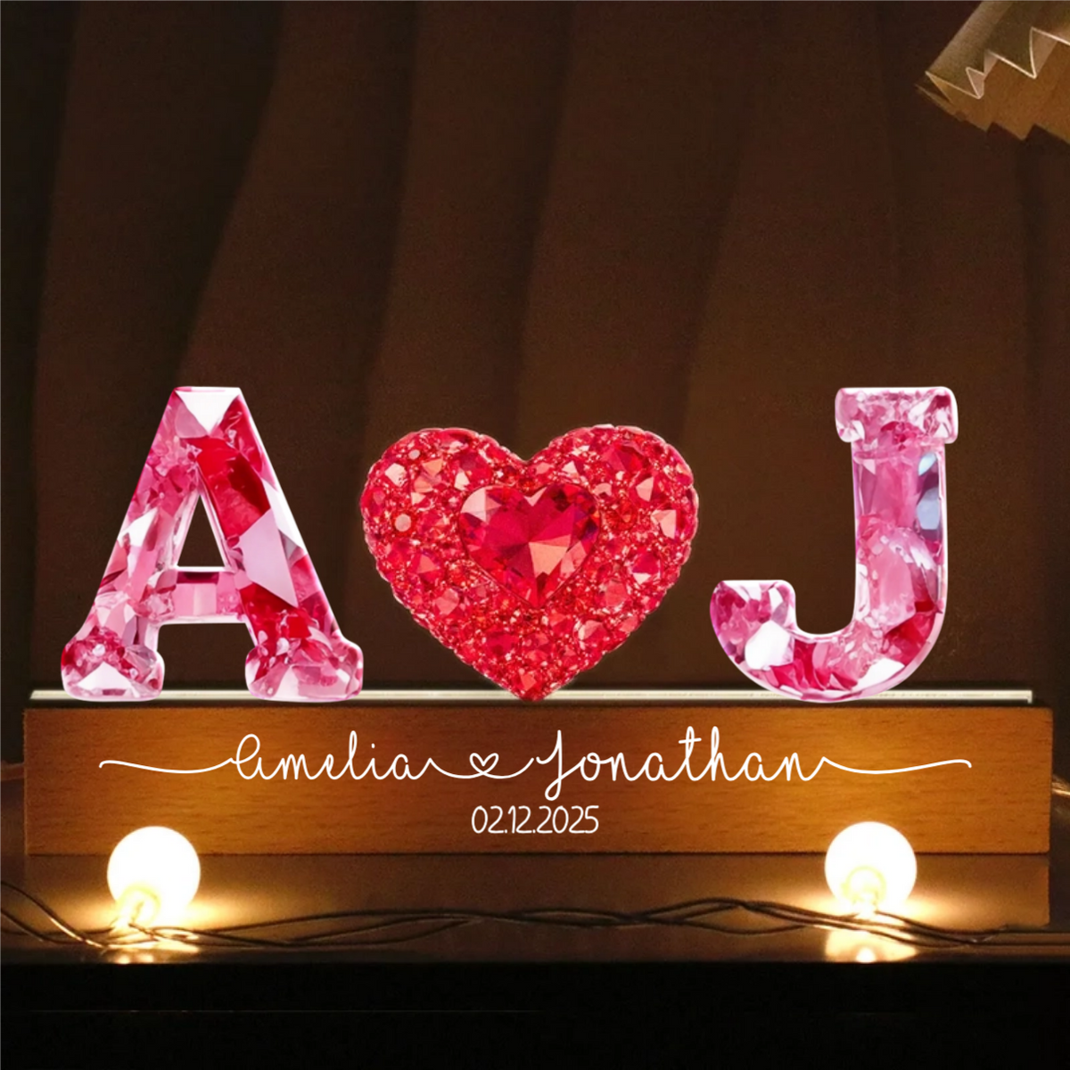 Couple Love Initial - Personalized 3D LED Light Wooden Base - Heartfelt Anniversary, Valentine's Day Gift For Couple