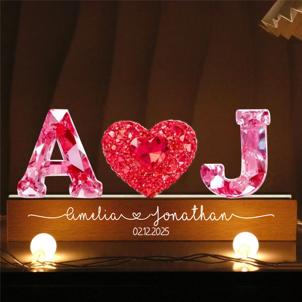 Couple Love Initial - Personalized 3D LED Light Wooden Base - Heartfelt Anniversary, Valentine's Day Gift For Couple