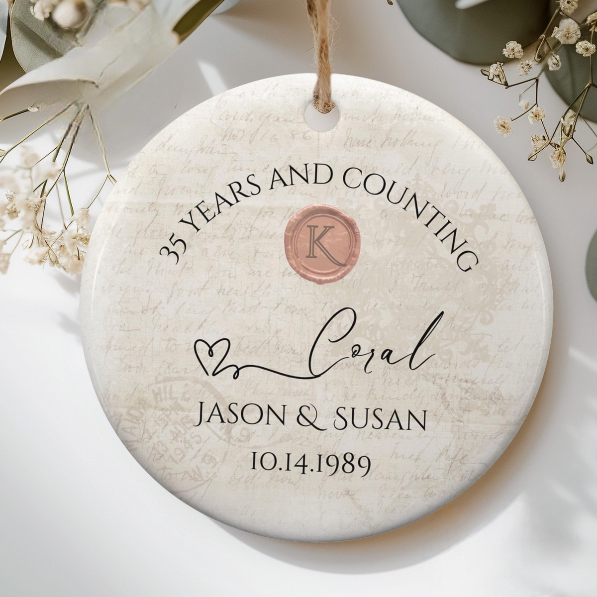 Personalized 35th Anniversary Ornament, Coral Wedding Anniversary Gift, 35 Year Anniversary Ceramic Ornament, 35 Years Married Gift For Couple