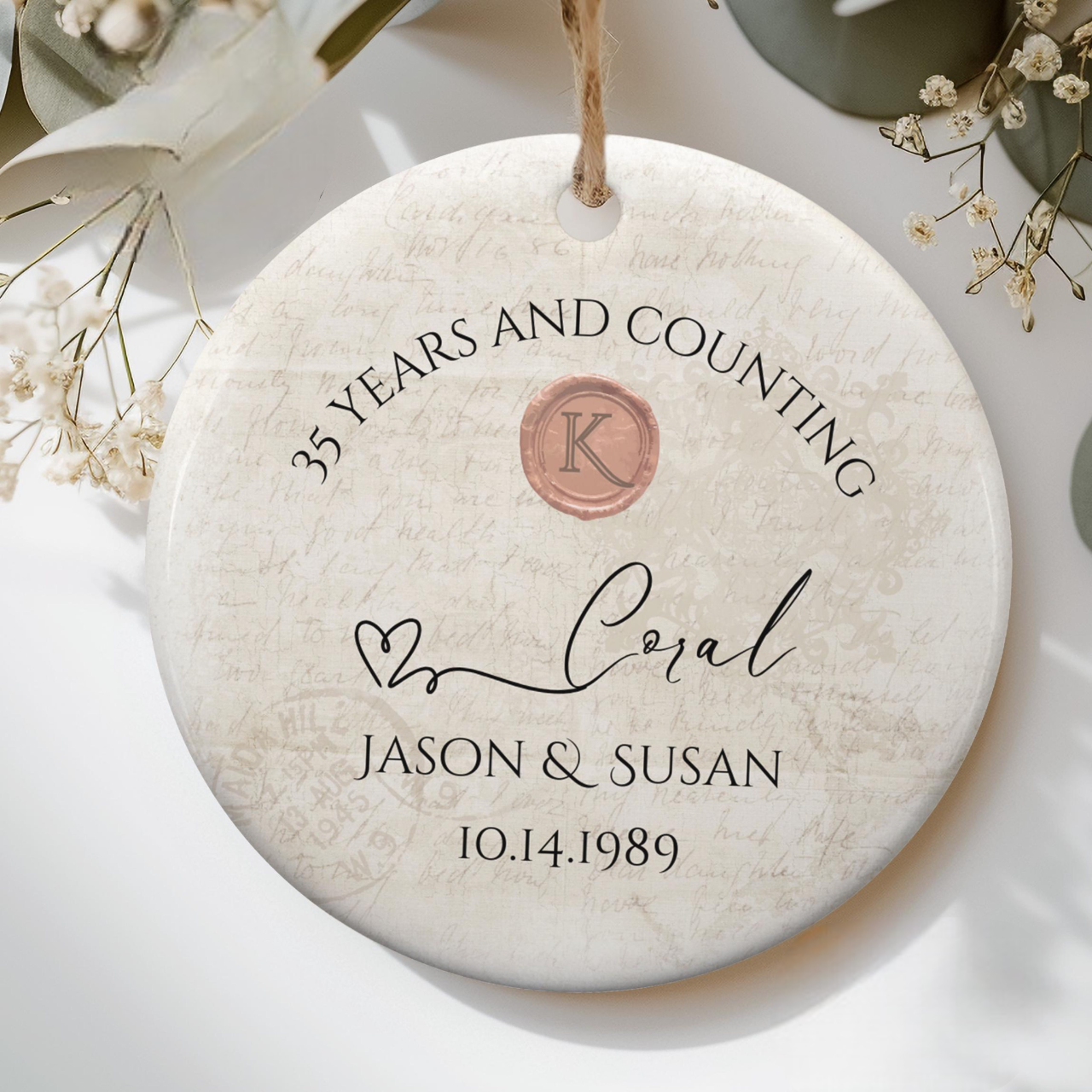 Personalized 35th Anniversary Ornament, Coral Wedding Anniversary Gift, 35 Year Anniversary Ceramic Ornament, 35 Years Married Gift For Couple
