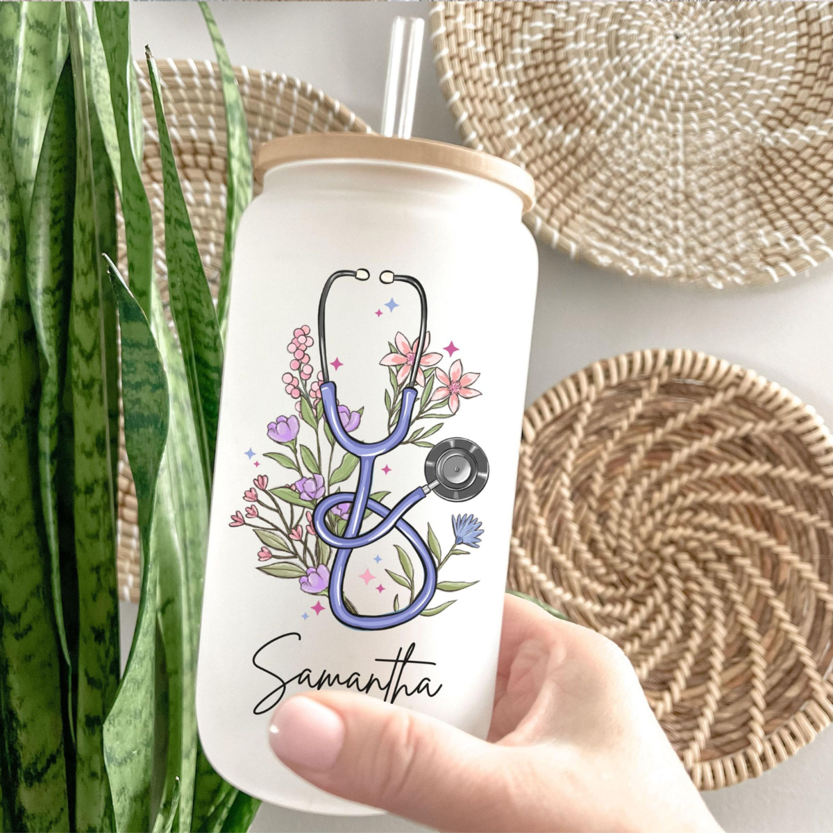 Nurse Floral Stethoscope Glass Tumbler, Personalized Nurse Gift, Nursing School Graduation Gift, Floral Doctor Cup, Registered Nurse Tumbler
