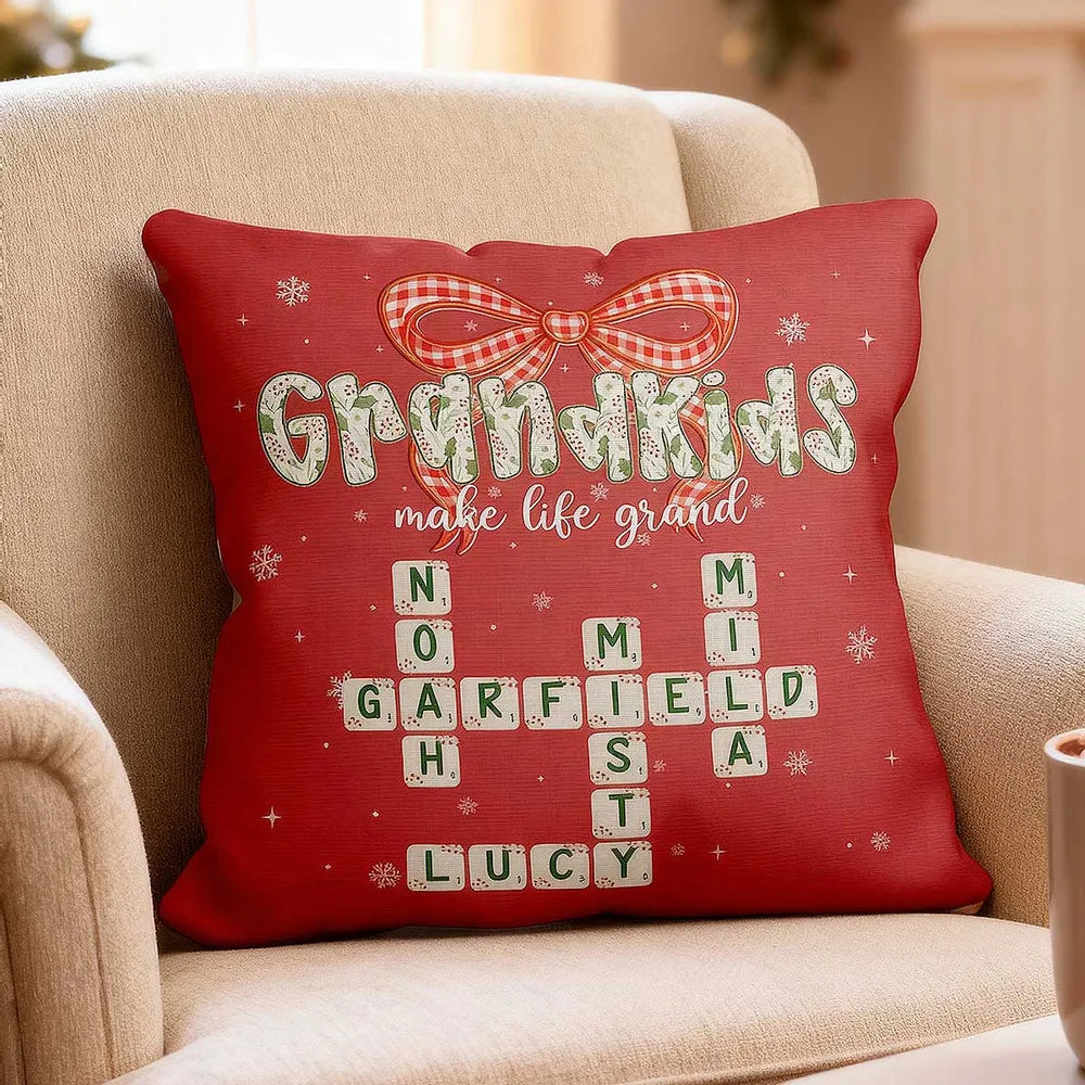 Grandkids Make Life Grand Coquette Floral Christmas Pattern Crossword Puzzle Art - Personalized Pillow - Christmas Gift For Family