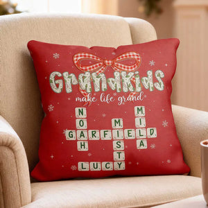 Grandkids Make Life Grand Coquette Floral Christmas Pattern Crossword Puzzle Art - Personalized Pillow - Christmas Gift For Family