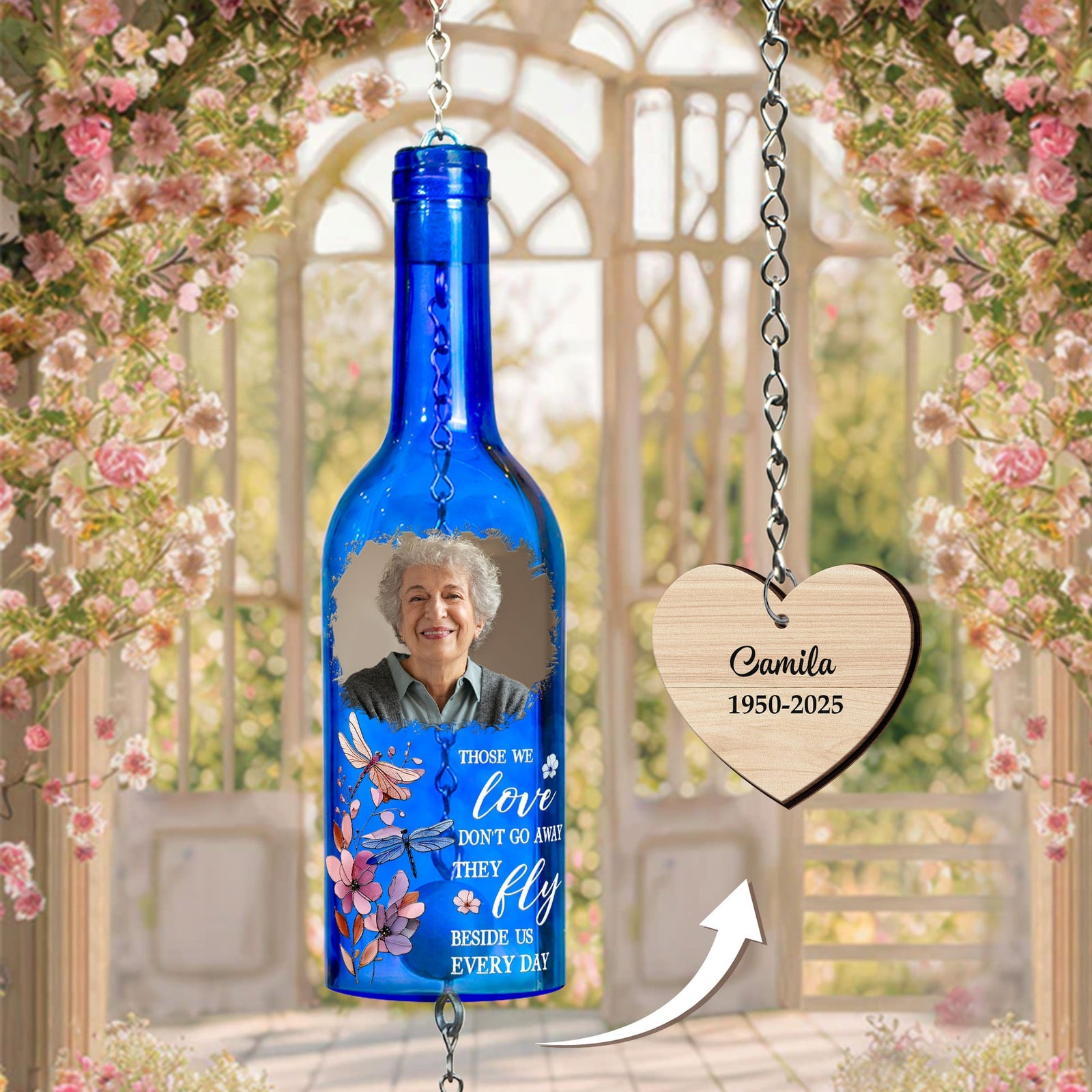 Those We Love Don't Go Away - Personalized Wine Bottle Wind Chime - Memorial Gift