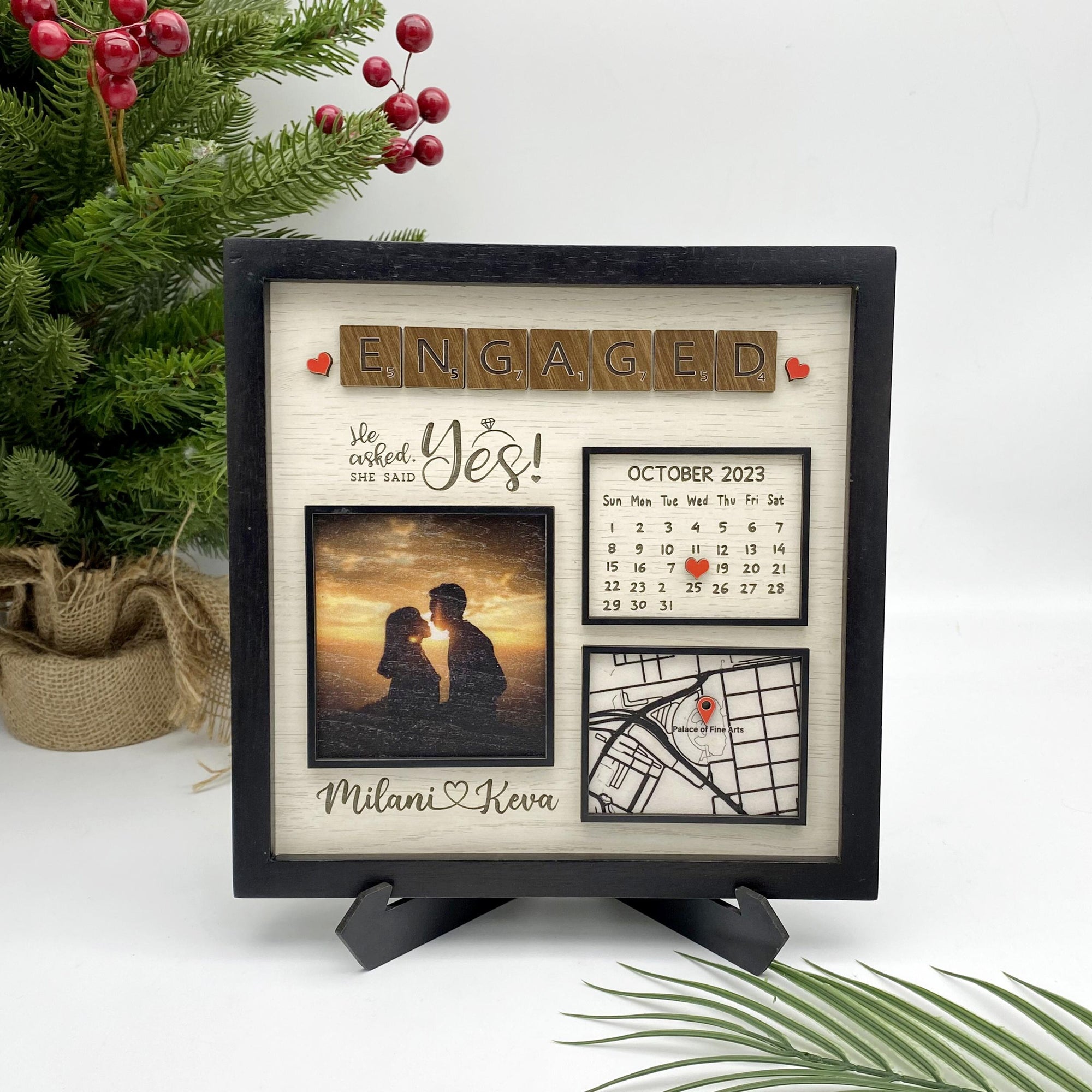 Where She Say Yes Custom Photo Calendar & Location - Personalized Wooden Frame - Gift For Couple
