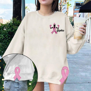 Custom Name Breast Cancer Side Bow Cut-Out Sweatshirt, Pink Ribbon Pullover, Breast Cancer Embroidered Sweatshirt, Gift for Her, Mom, Nana