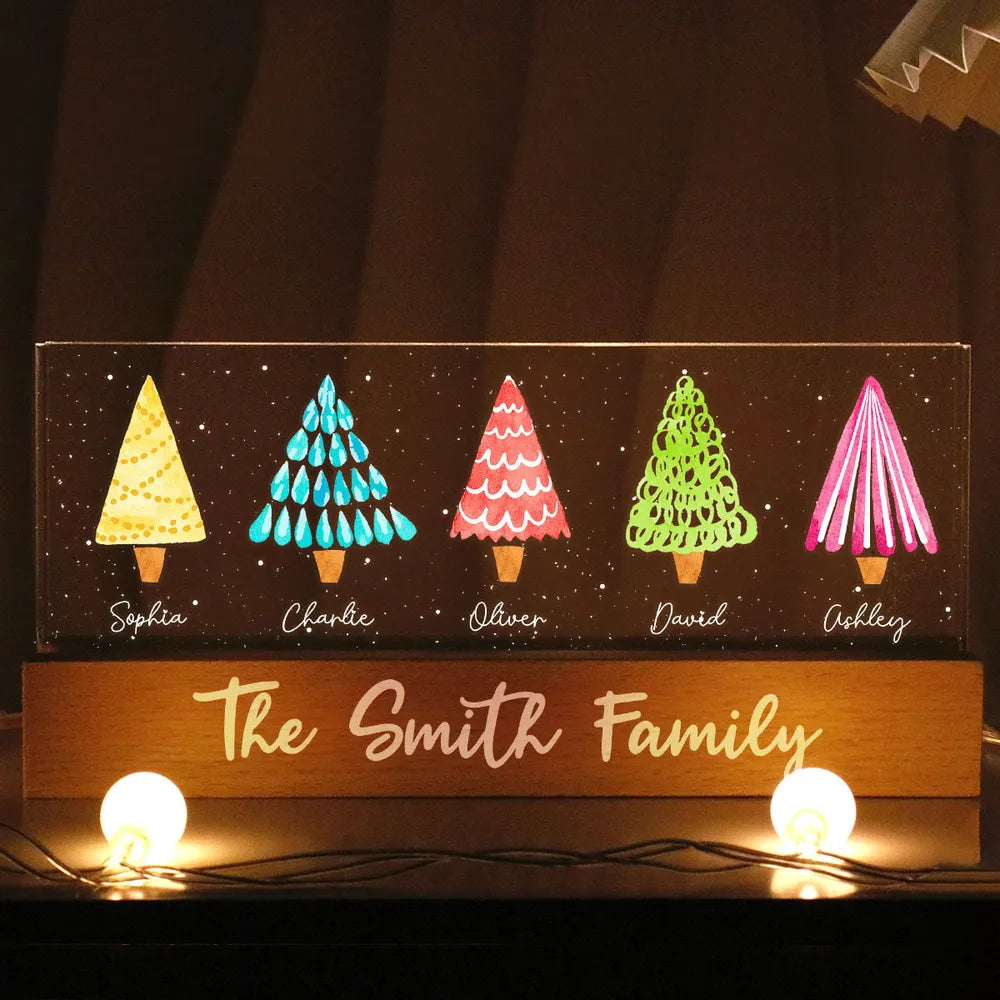 Colorful Christmas Tree Family Personalized Acrylic Block LED Night Light, Christmas Gift For Family