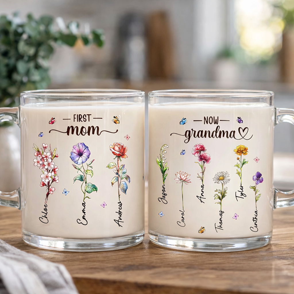 Grandma's Love Brings Blossoms To Life - Personalized Glass Mug - Gift For Mom, Grandma, Mother's Day, Birthday Gift