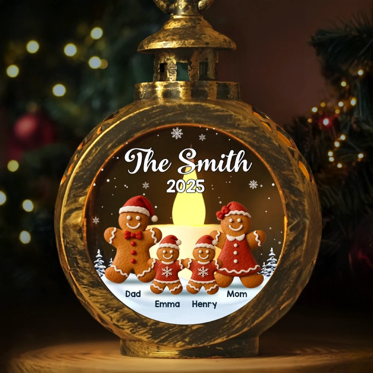 Gingerbread Family With Love - Personalized Lantern LED Flameless Candle - Christmas Gift For Family