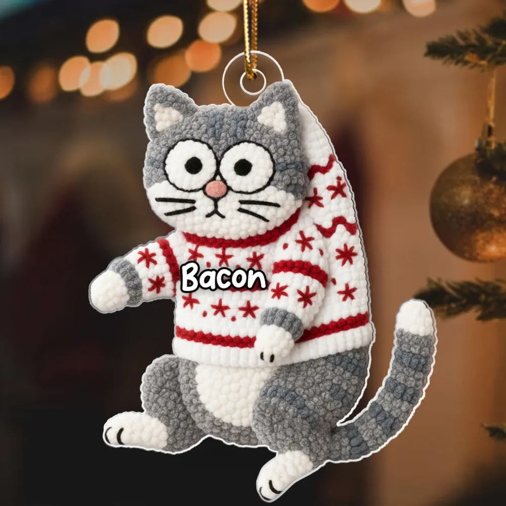 3D Effext Faux Crochet Funny Cat Hanging - Personalized Acrylic Ornament - Christmas Gift for Cat Lovers