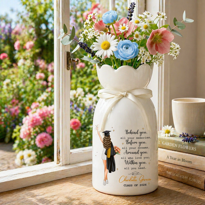 Personalized Graduation Flower Ceramic Vase, Graduation Gifts for Her, College Grad Gift for Daughter, Masters Degree Gift