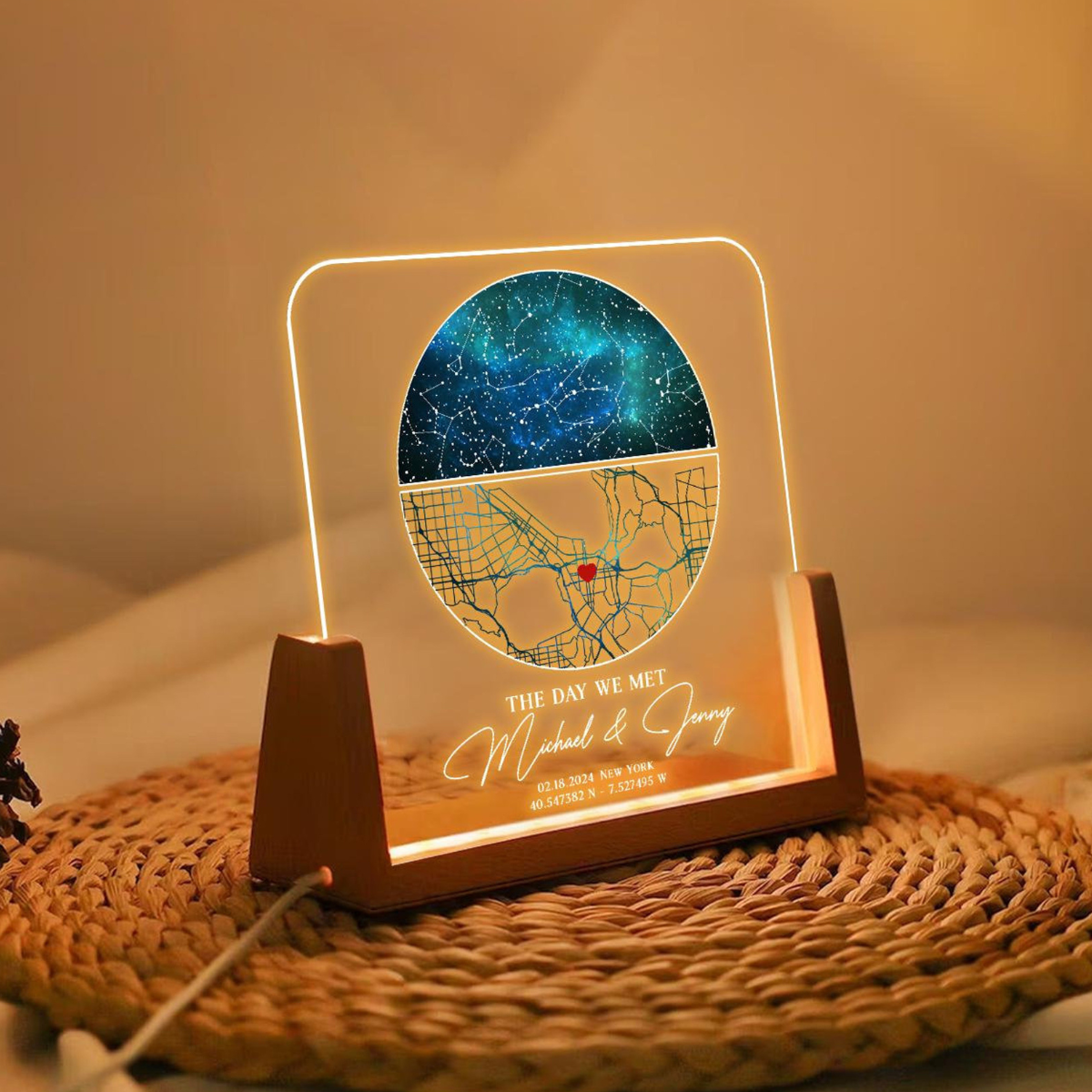 Our First Date Map Night Light, Star Map Desk Name Plate, Stars Chart Gift for Boyfriend Girlfriend, Anniversary Gift for Couple