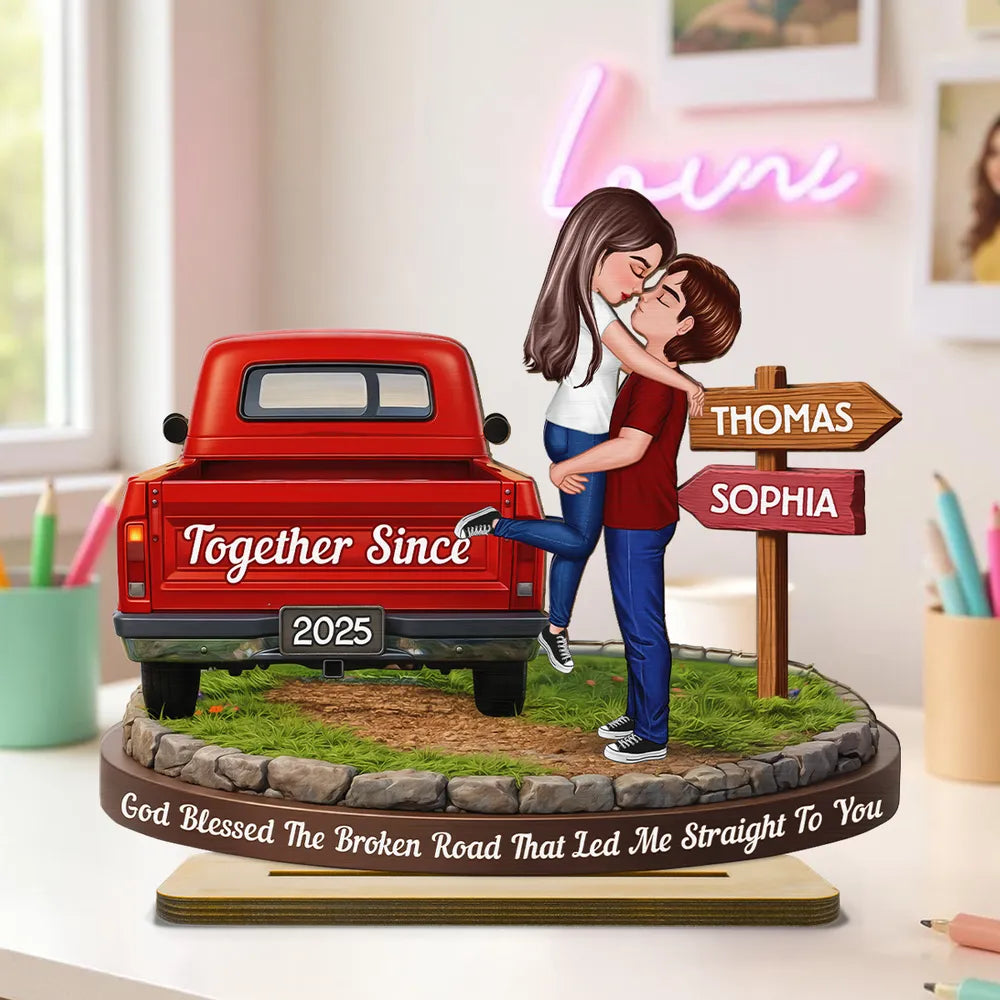 God Blessed The Broken Road - Personalized Wooden Plaque - Valentine's Day Gift for Couple, Anniversary Gift