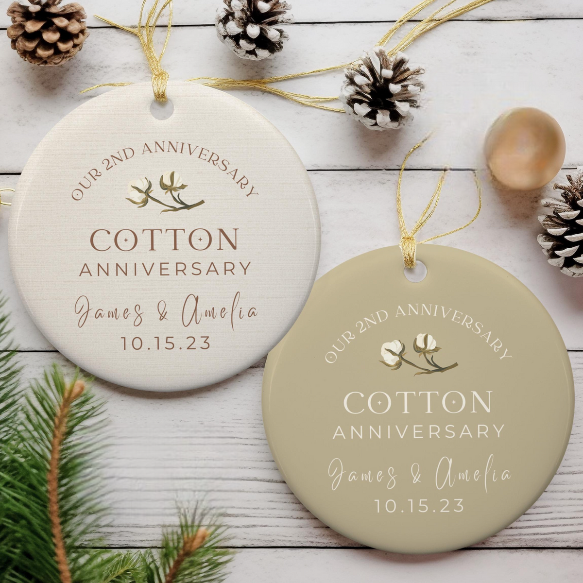 Personalized 2nd Anniversary Ornament, Cotton Wedding Anniversary Gift, Two Year Anniversary Ceramic Ornament, 2nd Year Gift For Husband Wife
