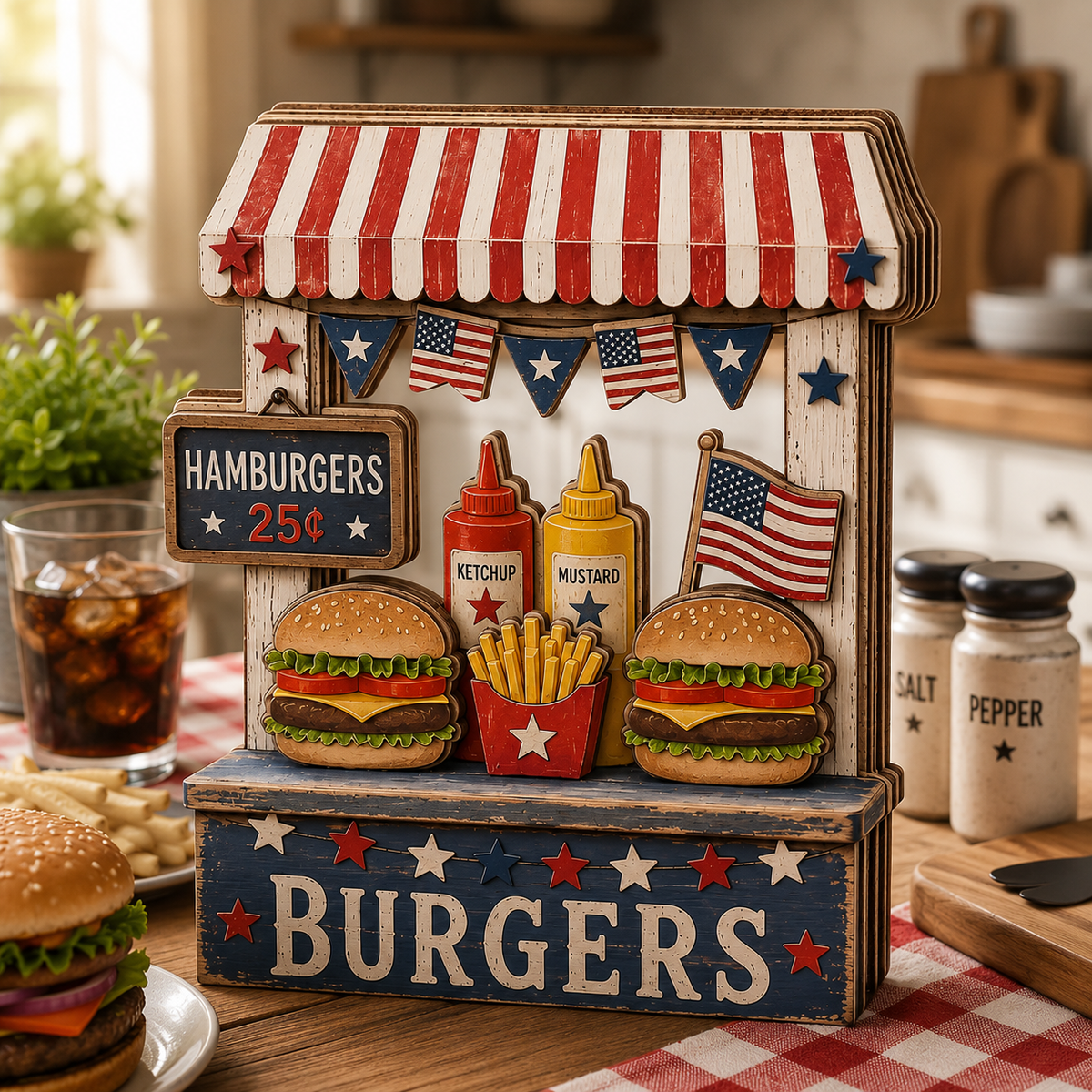 3D Wooden Hamburger Stand Sign, Gift for BBQ Lovers, Fourth of July Decor, Custom Name Kitchen Block, Patriotic Diner Tabletop Art