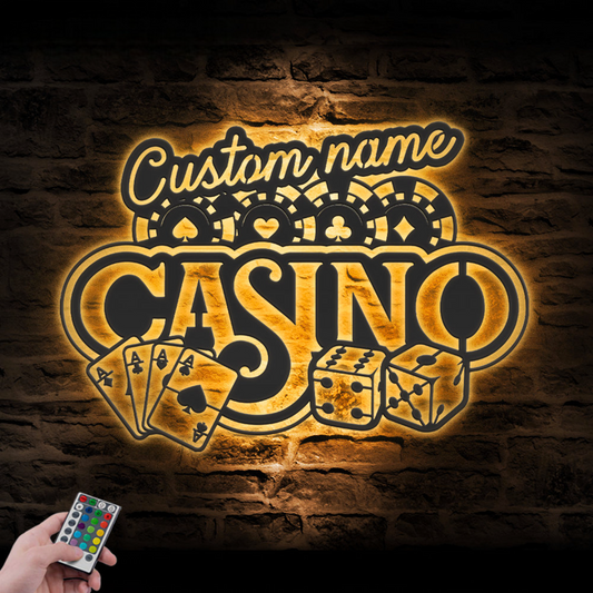 Custom Casino Playing Cards Chips Gambling Dice Poker Metal Wall Art LED Light, Personalized Gamer Name Sign Home Decor, Game Zone Decoration