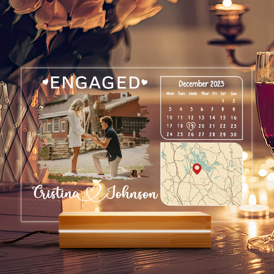 Engaged Date Custom Couple Photo - Personalized 3D LED Light Wooden Base - Gift For Couple