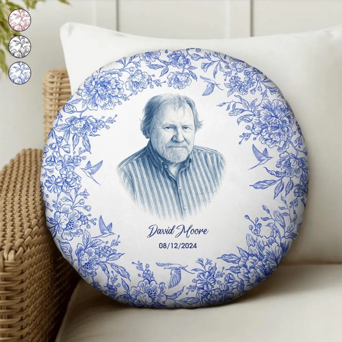 Chinoiserie Toile Memorial Photo - Personalized Round Pillow, Customized Circle Decorative Pillow, Memorial Gift For Family