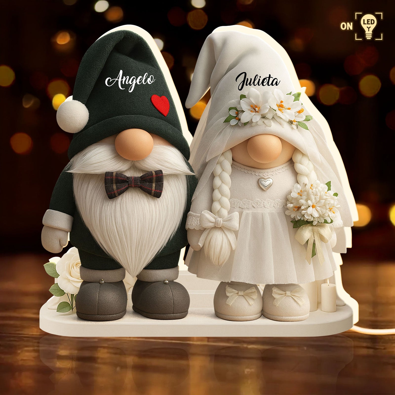 Groom And Bride Gnome With Hearts And Flowers - Personalized Acrylic LED Light Box - Valentine's Day Gift For Couples