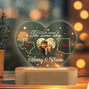 Always Under The Same Sky Custom Couple Photo - Personalized 3D LED Light Wooden Base - Long Distance Gift For Couple, Valentines Day Gift, Anniversary Gift, Engagement Gift