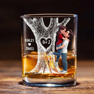 Tree Of Love Kissing Couple - Personalized Whiskey Glass - Anniversary Gift, Valentine's Day Gift For Couple
