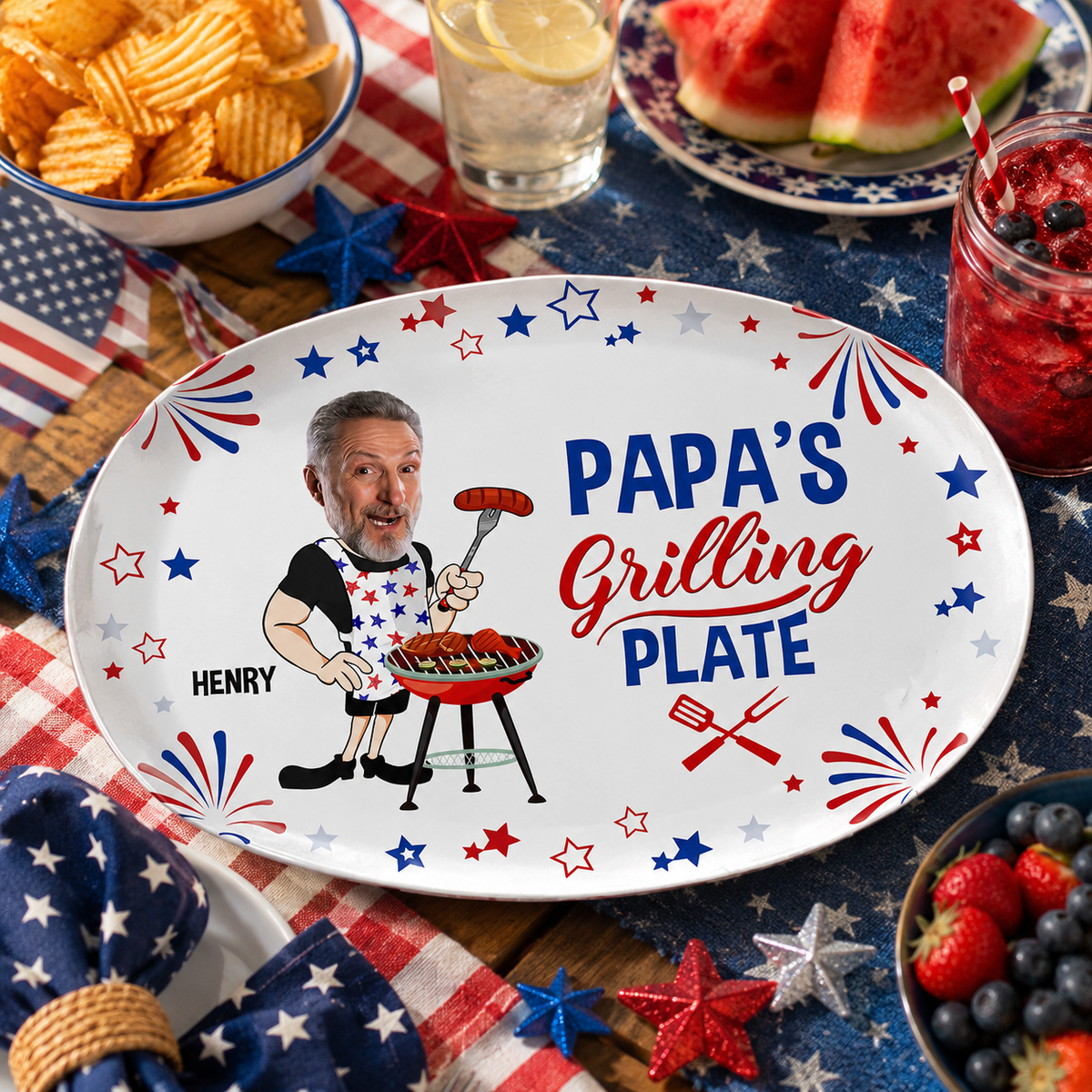 Custom Photo Papa's Grilling Plate Stars & Strips - Personalized Platter - 4th Of July Gift, Patriotic Gift For Family, Gift For Grilling Dad