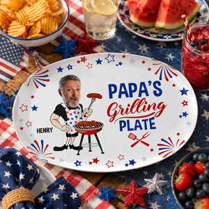 Custom Photo Papa's Grilling Plate Stars & Strips - Personalized Platter - 4th Of July Gift, Patriotic Gift For Family, Gift For Grilling Dad