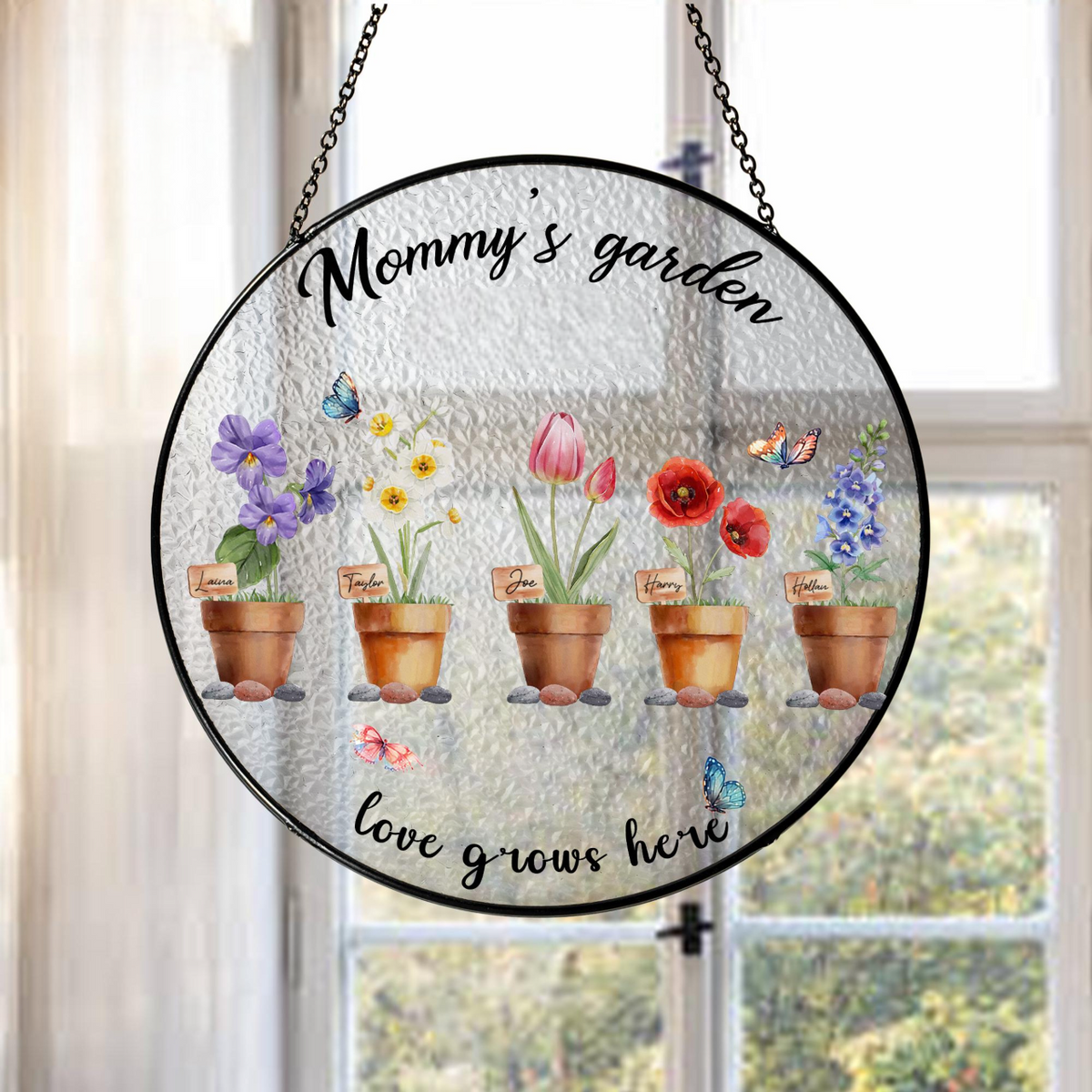 Birth Flowers Stained Glass Suncatcher, Custom Mommy's Garden Gift, Mom Gift, Christmas Gift, Birthday Gift For Mom